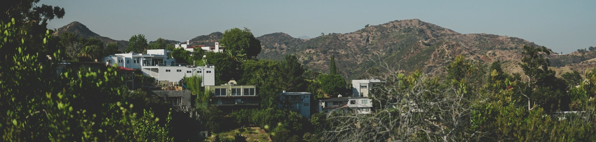 Dry chaparral hillside dotted with homes tucked into the brush, mountain peak in the background